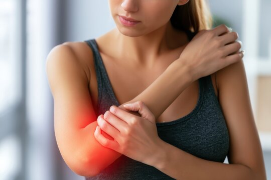 Elbow pain ache. Woman touches massaging her sore elbow due to acute joint pain. Glowing red light on hand arm area showing a severe muscle spasm tendon strain arthritis or sport injury symptom visual