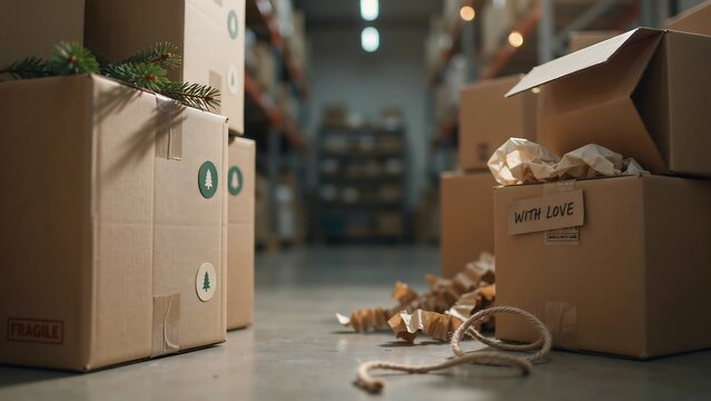 Cardboard boxes in a warehouse decorated for Christmas holidays