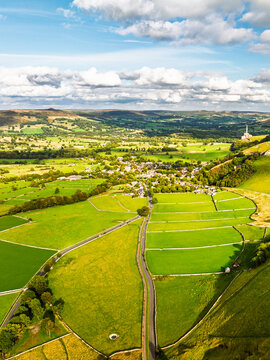 Castleton from a drone, Hope Valley, Peak District National Park, Derbyshire, High Peak, England, UK