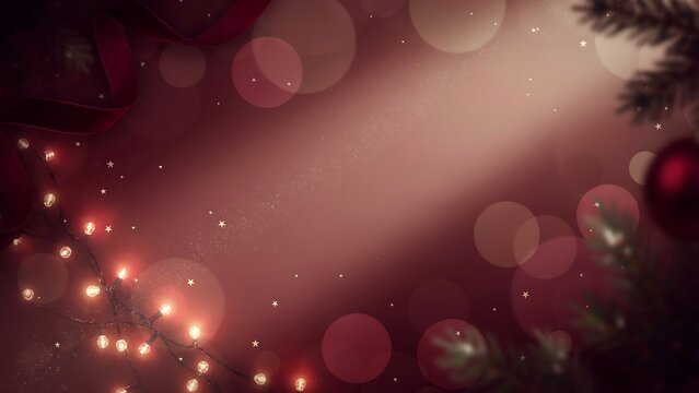 Red Christmas background with bokeh lights and festive decor