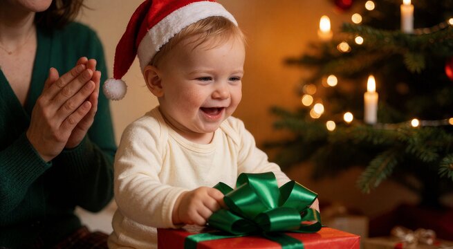 Cozy Christmas celebration at home featuring a joyful toddler unwrapping a gift while an adult claps in encouragement against a glowing tree backdrop.