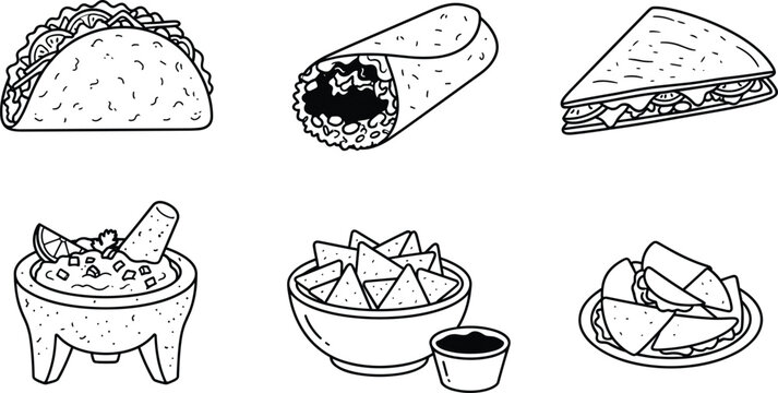 Mexican food icon vector set with taco burrito quesadilla guacamole nachos and traditional outline snacks illustrations