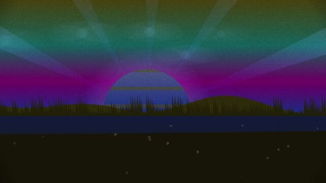 Vibrant retro sunset glowing over silhouetted hills with purple rays