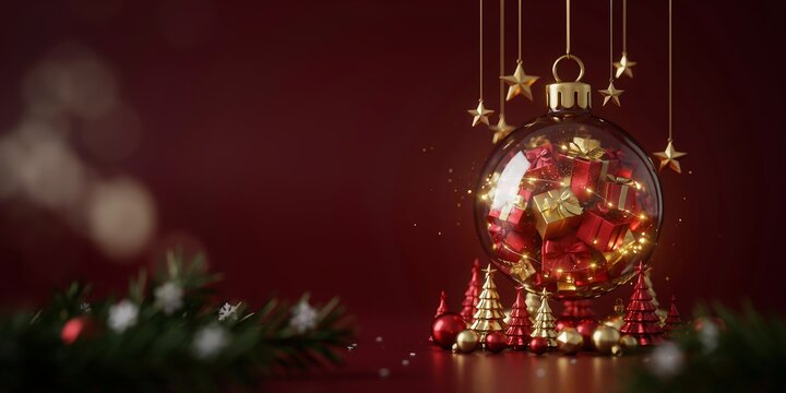 Red and gold Christmas bauble filled with gift boxes and stars
