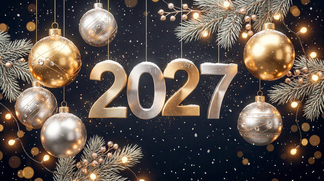 Elegante composici&oacute;n navide&ntilde;a con esferas doradas, ramas de abeto, luces y n&uacute;meros met&aacute;licos 2027 sobre un fondo oscuro y sofisticado.