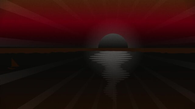 Dark water reflects a massive red sunset behind a tiny sailboat