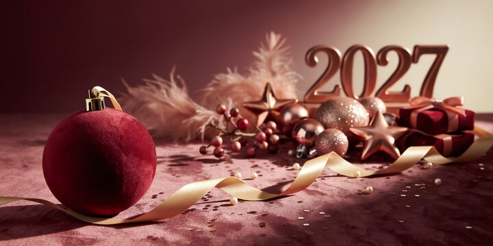 Burgundy Christmas bauble and 2027 New Year background photo