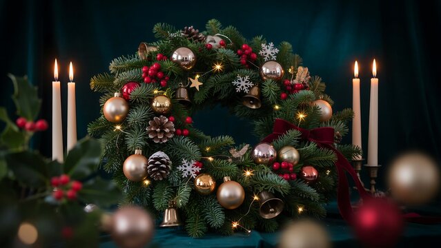 Christmas wreath with candles and ornaments on green background