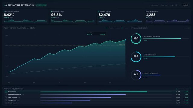 4k rental yield optimization dashboard for real estate portfolio analytics financial growth data, for property investment, market analysis, digital asset management