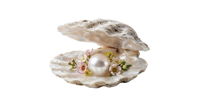 Luminous white pearl nestled in open oyster shell with spring flowers, elegant seashell jewelry concept, romantic mother of pearl treasure