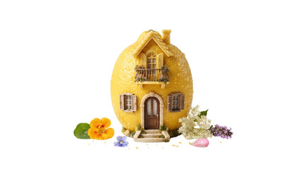 Obraz premium Miniature lemon house cottage, whimsical fantasy fruit home with balcony and shutters, creative citrus food art isolated on white