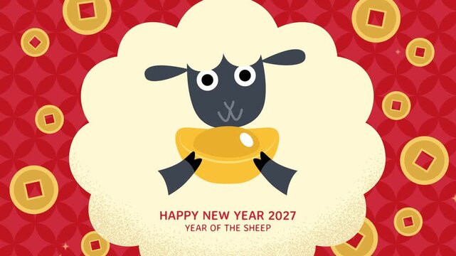 Cute zodiac sjeep holding gold sycee ingots. Year of the sheep greetings and wishes of prosperity for New Year 2027.