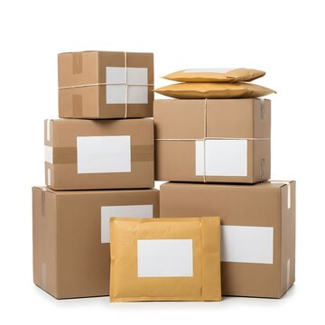 Stack of brown cardboard boxes and padded envelopes isolated on a white background representing shipping and delivery services