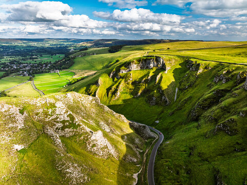 Winnats Pass from a drone, Castleton, Hope Valley, Peak District National Park, Derbyshire, England, UK