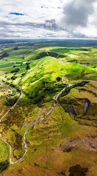 Panorama of Winnats Pass from a drone, Castleton, Hope Valley, Peak District National Park, Derbyshire, England, UK
