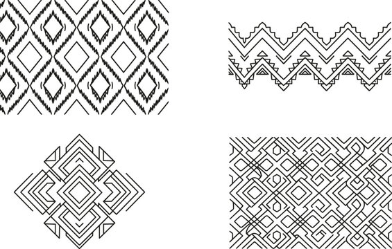 Ethnic geometric pattern and aztec tribal ornament outline vector set featuring bohemian seamless borders chevron frames designs