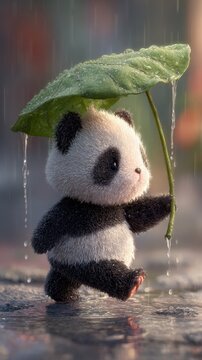 Adorable panda cub holding a large green leaf as an umbrella while walking in the rain