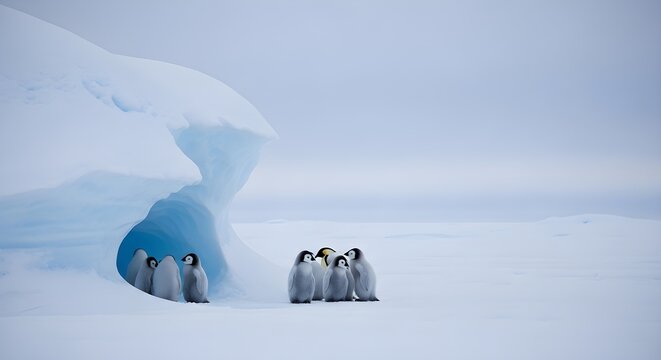 Adorable Emperor Penguin Chicks huddling near a blue ice cave in the snowy Antarctic wilderness, ideal for wildlife documentaries and environmental conservation campaigns.