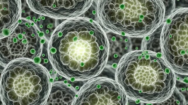 Healthy cellular energy production supported by adequate nutrient availability, showing cells receiving simple nutrient particles and maintaining steady controlled internal energy activity