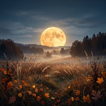 A serene landscape of a full moon rising over a field of wildflowers and tall grass