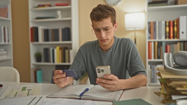Young hispanic man holding creditcard and smartphone while studying at desk in a building with bookshelves, lamp and open notebook; concentration.