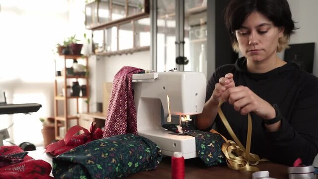 Person sitting at a sewing machine checking a gold ribbon against a christmas themed fabric