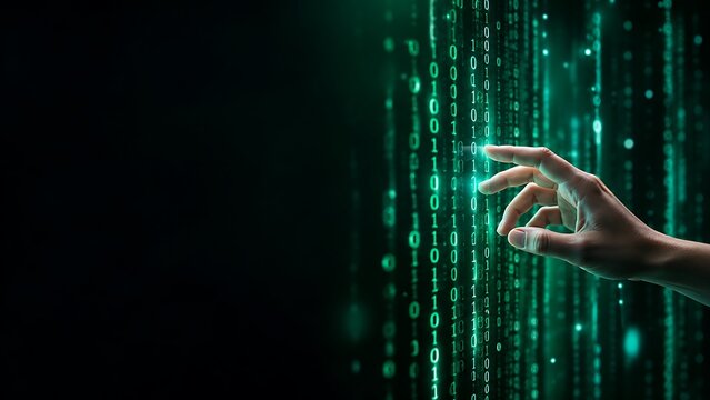 Human Hand Interacting with Binary Code Data Stream Digital Matrix Technology Background