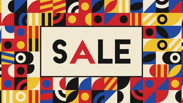 Sale seamless loop Bauhaus geometric tiles pattern red blue yellow shapes shift around a bold cream sign with black lettering for retail promotions store screens and modern ecommerce banners