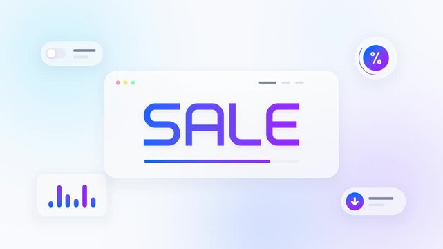 Sale seamless loop interface card gradient purple blue clean app layout with toggle switch bar chart percent badge and animated underline on a soft white backdrop for software and web promotions