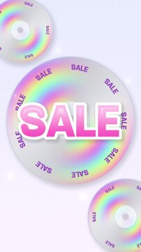Sale seamless loop iridescent compact discs pink text retro millennium style with spinning rainbow CDs on a pale lavender vertical frame for mobile stories social media ads and fashion promotions