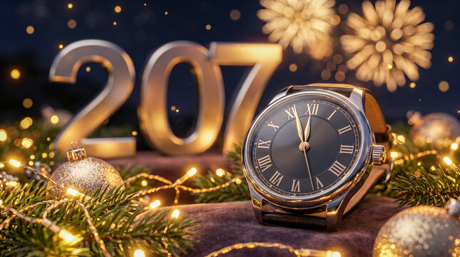 Reloj de lujo marcando medianoche para recibir 2027, rodeado de luces doradas, decoraci&oacute;n navide&ntilde;a y sutiles fuegos artificiales.