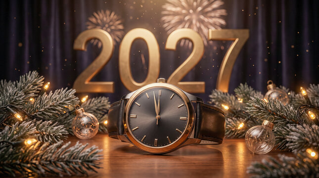 Reloj de lujo marcando medianoche para recibir 2027, rodeado de luces doradas, decoraci&oacute;n navide&ntilde;a y sutiles fuegos artificiales.