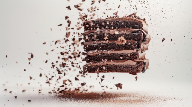 Deconstructed chocolate layer cake floating midair surrounded by shaved dark cocoa sprinkles with chocolate shavings scattering midair layers suspended
