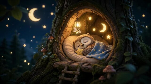 A cute owl sleeps in a cozy hollow tree. Night forest landscape. The owl is covered with a blue blanket with stars and hugs a soft toy in the shape of a star. A cartoon owl sleeps in a hollow tree.