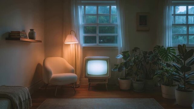 Cozy retro-style living room. An antique TV with a luminous screen. A white upholstered armchair. A storm outside the window in a retro living room. A living room in the style of the 60s.