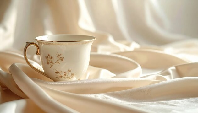 Elegant Tea Cup on Silky Fabric - A Moment of Serenity.