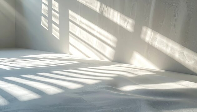 Sunlight streaming through window casting shadows on white wall.