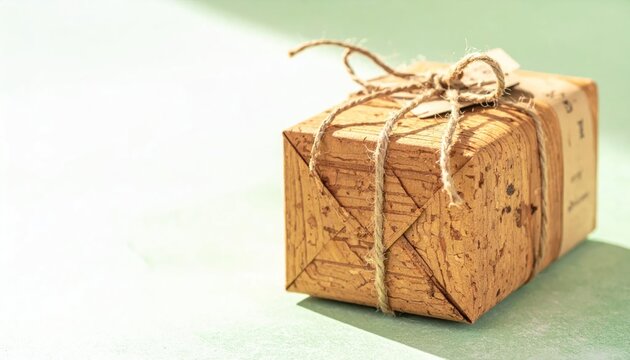 Rustic Gift Box Wrapped with Twine on Light Green Surface.