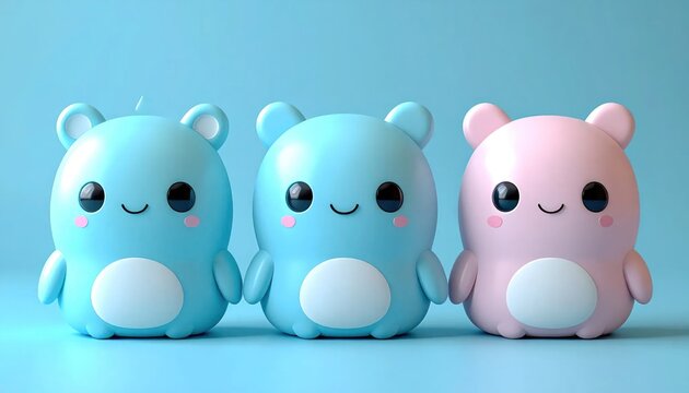 Adorable Kawaii Bear Figurines in Pastel Colors on Blue Background.