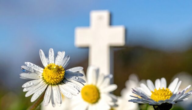 Daisies in Bloom with a White Cross in the Background.