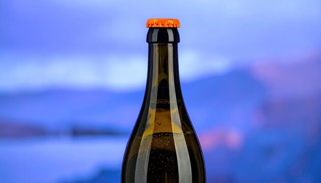 Elegant beer bottle against a blurred landscape backdrop.