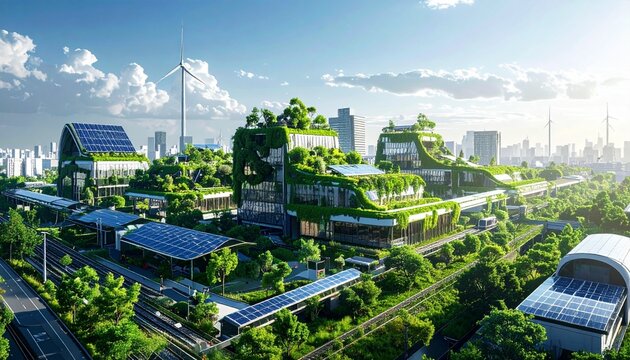 Futuristic sustainable city landscape with lush vertical gardens, solar rooftops, and wind turbines under clear blue sky.