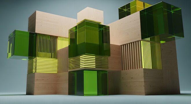 Abstract Geometric Architecture featuring 3D light wooden blocks and translucent green glass cubes with internal glowing lights, ideal for architectural design concepts, perfect for technology.