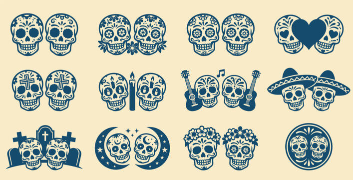 A vibrant collection of day of the dead vector icons showcasing traditional sugar skull designs and cultural motifs for festive celebrations