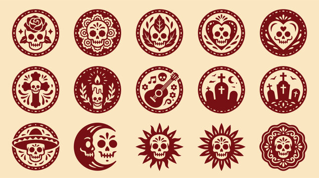 A vibrant collection of dia de los muertos icons detailed vector graphics for festive celebrations and cultural designs