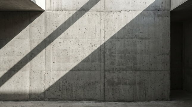 Abstract brutalist architecture background featuring textured concrete walls illuminated by strong diagonal sunlight casting dramatic geometric shadows creating minimalist