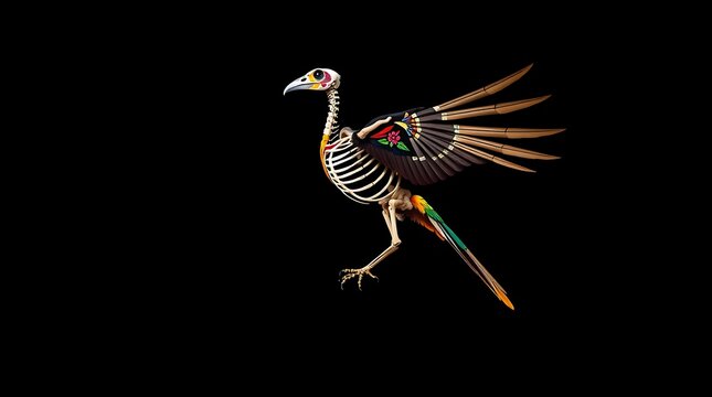 Dia de los Muertos colorful skeletal bird isolated on black background