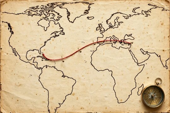 Vintage World Map with Red String Route and Compass