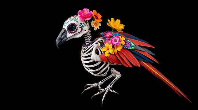 Dia de los Muertos skeletal bird decorated with vibrant flowers on