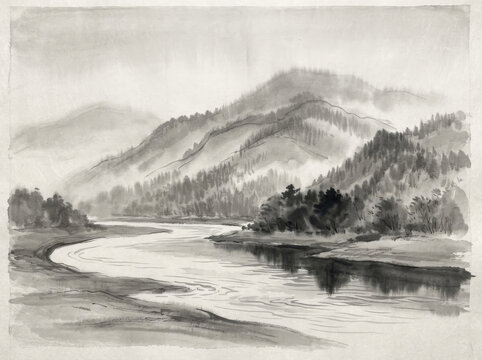 Winding River and Misty Forested Mountains in Japanese Sumi-e Painting Style